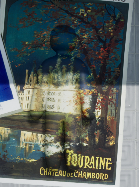 A character painted to blend into an intricate château and tree poster